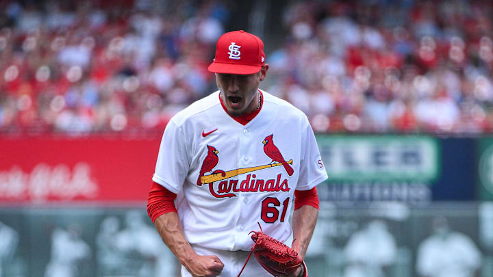 Mar 26, 2026; St. Louis, Missouri, USA; St. Louis Cardinals pitcher Riley O'Brien (61) reacts as he walks off the field after striking out Tampa Bay Rays third baseman Junior Caminero (not pictured) during the seventh inning at Busch Stadium. Mandatory Credit: Jeff Curry-Imagn Images Mar 26, 2026; St. Louis, Missouri, USA; St. Louis Cardinals pitcher Riley O'Brien (61) reacts as he walks off the field after striking out Tampa Bay Rays third baseman Junior Caminero (not pictured) during the seventh inning at Busch Stadium. Mandatory Credit: Jeff Curry-Imagn Images