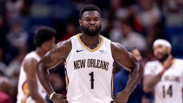 New Orleans Pelicans forward Zion Williamson (1) looks on against the Indiana Pacers during the first half at Smoothie King Center. Mandatory Credit: Stephen Lew-Imagn Images