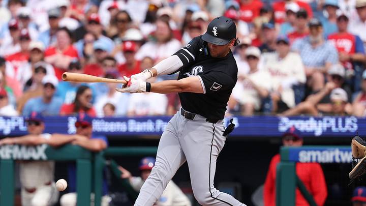 Jun 6, 2026; Philadelphia, Pennsylvania, USA; Chicago White Sox shortstop Jacob Gonzalez (7) hits an RBI fielders choice against the Philadelphia Phillies during the first inning at Citizens Bank Park. Mandatory Credit: Bill Streicher-Imagn Images