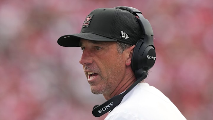 Sep 28, 2025; Santa Clara, California, USA; San Francisco 49ers head coach Kyle Shanahan during the second quarter against the Jacksonville Jaguars at Levi's Stadium. Mandatory Credit: Darren Yamashita-Imagn Images
