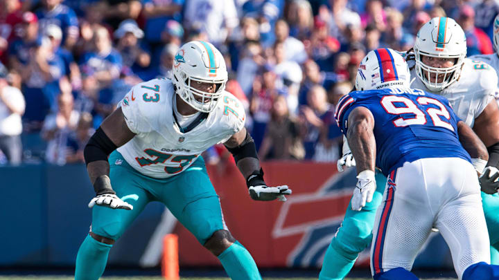 Oct 1, 2023; Orchard Park, New York, USA; Miami Dolphins guard Austin Jackson (73) prepares to block
