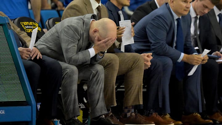 Dec 23, 2025; Los Angeles, California, USA; UCLA Bruins head coach Mick Cronin reacts on the sidelines in the first half against the UC Riverside Highlanders at Pauley Pavilion presented by Wescom Financial. Mandatory Credit: Jayne Kamin-Oncea-Imagn Images