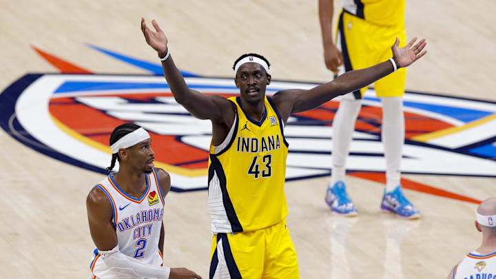 Jun 16, 2025; Oklahoma City, Oklahoma, USA; Indiana Pacers forward Pascal Siakam (43) reacts to a call as Oklahoma City Thunder guard Shai Gilgeous-Alexander (2) looks on during the third quarter in game five of the 2025 NBA Finals at Paycom Center. Mandatory Credit: Alonzo Adams-Imagn Images