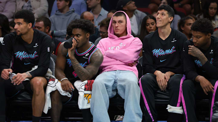 Dec 27, 2025; Miami, Florida, USA; Miami Heat guard Tyler Herro (14) looks on from the bench against the Indiana Pacers during the first half at Kaseya Center. Mandatory Credit: Sam Navarro-Imagn Images Dec 27, 2025; Miami, Florida, USA; Miami Heat guard Tyler Herro (14) looks on from the bench against the Indiana Pacers during the first half at Kaseya Center. Mandatory Credit: Sam Navarro-Imagn Images