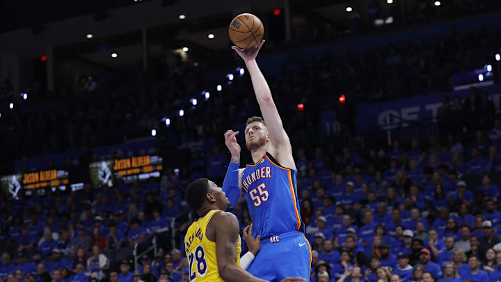 May 5, 2026; Oklahoma City, Oklahoma, USA; Oklahoma City Thunder center Isaiah Hartenstein (55) shoots over Los Angeles Lakers forward Rui Hachimura (28) in the second half during game one of the second round of the 2026 NBA Playoffs at Paycom Center. Mandatory Credit: Alonzo Adams-Imagn Images