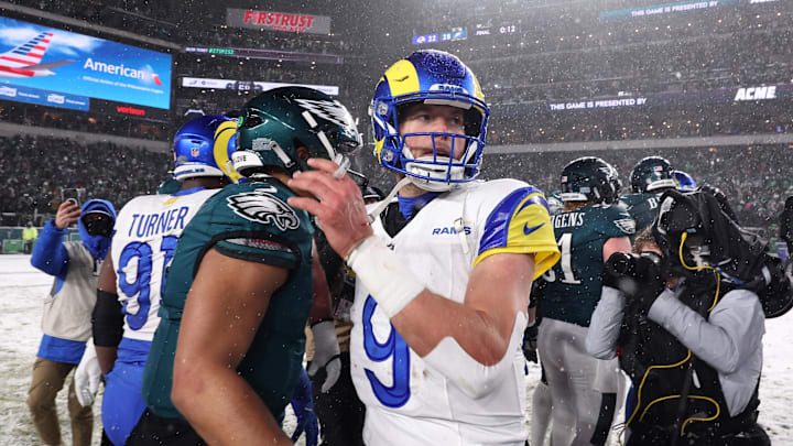 Jan 19, 2025; Philadelphia, Pennsylvania, USA; Philadelphia Eagles quarterback Jalen Hurts (1) greets Los Angeles Rams quarterback Matthew Stafford (9) after their game in a 2025 NFC divisional round game at Lincoln Financial Field. Mandatory Credit: Bill Streicher-Imagn Images Jan 19, 2025; Philadelphia, Pennsylvania, USA; Philadelphia Eagles quarterback Jalen Hurts (1) greets Los Angeles Rams quarterback Matthew Stafford (9) after their game in a 2025 NFC divisional round game at Lincoln Financial Field. Mandatory Credit: Bill Streicher-Imagn Images