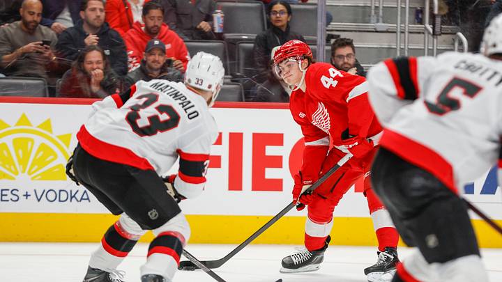 Oct 6, 2026; Detroit, Michigan, USA;  Detroit Red Wings defenseman Axel Sandin-Pellikka (44) handles the puck while being closely defended by Ottawa Senators defenseman Nikolas Matinpalo (33) during the second period at Little Caesars Arena.  Mandatory Credit: Brian Bradshaw Sevald-Imagn Images