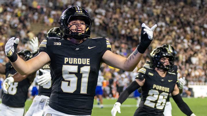 Purdue's Mason Vicari (51) pumps up the crowd on Friday, Sept. 4, 2026, during the NCAA football game between the Purdue Boilermakers and the Indiana State Sycamores at Ross-Ade Stadium in West Lafayette, Ind. Purdue defeated Indiana State University 44-19. Purdue's Mason Vicari (51) pumps up the crowd on Friday, Sept. 4, 2026, during the NCAA football game between the Purdue Boilermakers and the Indiana State Sycamores at Ross-Ade Stadium in West Lafayette, Ind. Purdue defeated Indiana State University 44-19.