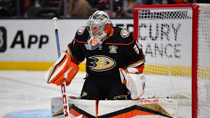Jan 31, 2024; Anaheim, California, USA; Anaheim Ducks goaltender John Gibson (36) defends the goal