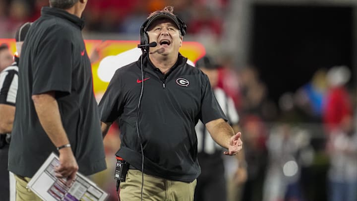 Oct 7, 2023; Athens, Georgia, USA; Georgia Bulldogs head coach Kirby Smart reacts on the sideline against the Kentucky Wildcats at Sanford Stadium. Mandatory Credit: Dale Zanine-Imagn Images