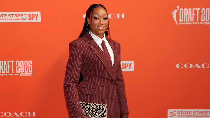 Apr 13, 2026; New York, NY, USA; Cotie McMahon poses for a photo on the orange carpet before the 2026 WNBA Draft at The Shed at Hudson Yards. Mandatory Credit: Brad Penner-Imagn Images