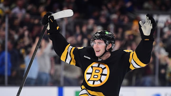 Mar 10, 2026; Boston, Massachusetts, USA; Boston Bruins center Fraser Minten (93) reacts after defeating the Los Angeles Kings in overtime at TD Garden. Mandatory Credit: Bob DeChiara-Imagn Images