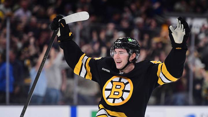 Mar 10, 2026; Boston, Massachusetts, USA; Boston Bruins center Fraser Minten (93) reacts after defeating the Los Angeles Kings in overtime at TD Garden. Mandatory Credit: Bob DeChiara-Imagn Images