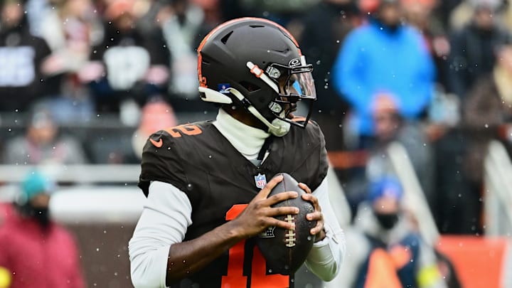 Dec 7, 2025; Cleveland, Ohio, USA; Cleveland Browns quarterback Shedeur Sanders (12) looks to throw a pass against the Tennessee Titans during the first quarter at Huntington Bank Field. Mandatory Credit: Ken Blaze-Imagn Images Dec 7, 2025; Cleveland, Ohio, USA; Cleveland Browns quarterback Shedeur Sanders (12) looks to throw a pass against the Tennessee Titans during the first quarter at Huntington Bank Field. Mandatory Credit: Ken Blaze-Imagn Images
