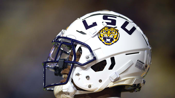 Detailed view of the LSU Tigers helmet against the Vanderbilt Commodores.