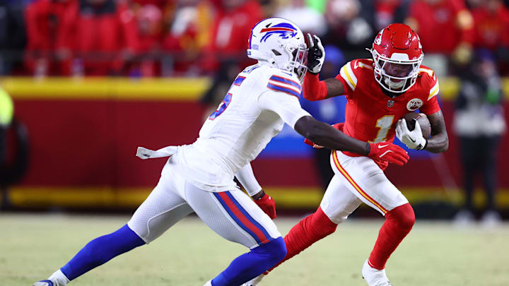 Kansas City Chiefs wide receiver Xavier Worthy makes a catch against Buffalo Bills cornerback Kaiir Elam Kansas City Chiefs wide receiver Xavier Worthy makes a catch against Buffalo Bills cornerback Kaiir Elam