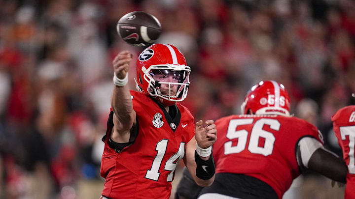 Nov 15, 2025; Athens, Georgia, USA; Georgia Bulldogs quarterback Gunner Stockton (14) throws a pass in the second half against the Texas Longhorns at Sanford Stadium. Mandatory Credit: Dale Zanine-Imagn Images