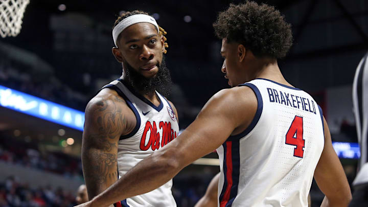 Dec 7, 2024; Oxford, Mississippi, USA; Mississippi Rebels forward Mikeal Brown-Jones (1) reacts with forward Jaemyn Brakefield (4) after a basket against the Lindenwood Lions during the second half at The Sandy and John Black Pavilion at Ole Miss. Mandatory Credit: Petre Thomas-Imagn Images Dec 7, 2024; Oxford, Mississippi, USA; Mississippi Rebels forward Mikeal Brown-Jones (1) reacts with forward Jaemyn Brakefield (4) after a basket against the Lindenwood Lions during the second half at The Sandy and John Black Pavilion at Ole Miss. Mandatory Credit: Petre Thomas-Imagn Images