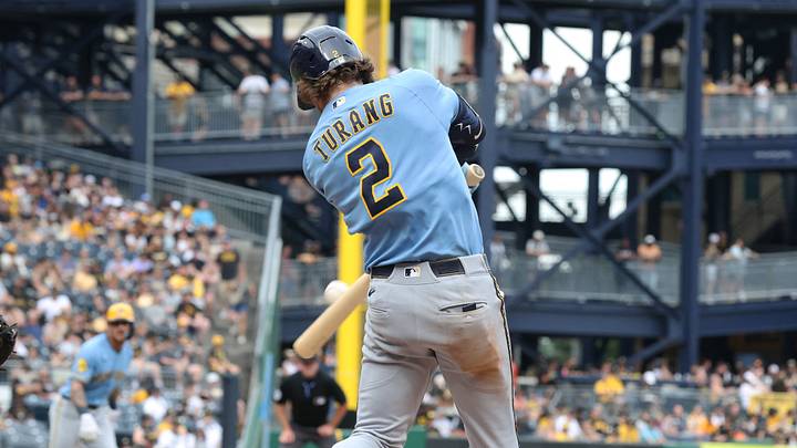 Jul 11, 2026; Pittsburgh, Pennsylvania, USA; Milwaukee Brewers second baseman Brice Turang (2) hits a two-run double against the Pittsburgh Pirates during the fifth inning at PNC Park. Mandatory Credit: Charles LeClaire-Imagn Images Jul 11, 2026; Pittsburgh, Pennsylvania, USA; Milwaukee Brewers second baseman Brice Turang (2) hits a two-run double against the Pittsburgh Pirates during the fifth inning at PNC Park. Mandatory Credit: Charles LeClaire-Imagn Images