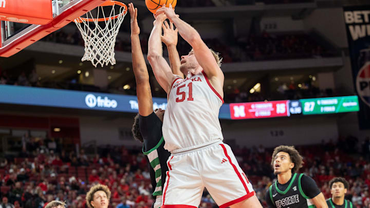 Nebraska forward Rienk Mast shoots at the rim against USC Upstate.