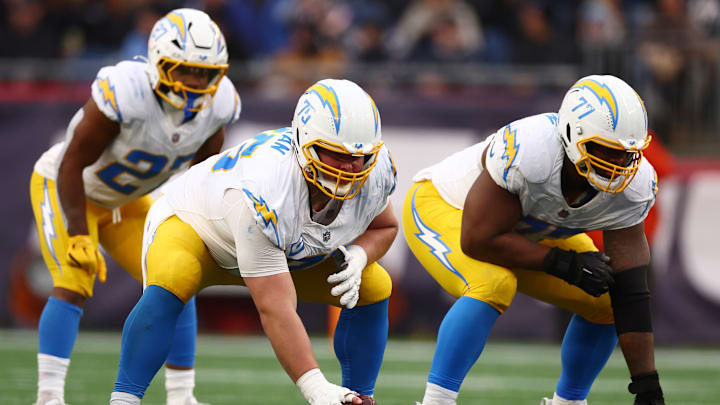 Los Angeles Chargers offensive linemen Bradley Bozeman (L) and Zion Johnson (R)
