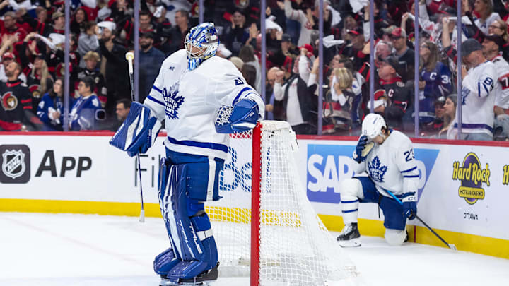 Apr 26, 2025; Ottawa, Ontario, CAN; Toronto Maple Leafs goalie Anthony Stolarz and left wing Matthew Knies (23) react to a goal scored by Ottawa Senators center Shane Pinto (12 - not pictured) in game four of the first round of the 2025 Stanley Cup Playoffs at Canadian Tire Centre. Mandatory Credit: Marc DesRosiers-Imagn Images