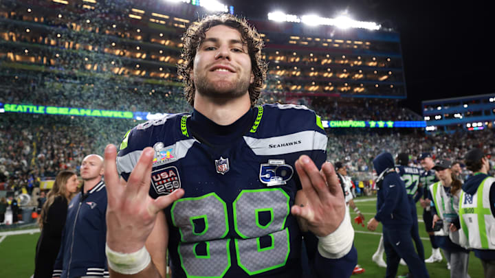 Feb 8, 2026; Santa Clara, CA, USA; Seattle Seahawks tight end AJ Barner (88) reacts after defeating the New England Patriots in Super Bowl LX at Levi's Stadium. Mandatory Credit: Mark J. Rebilas-Imagn Images