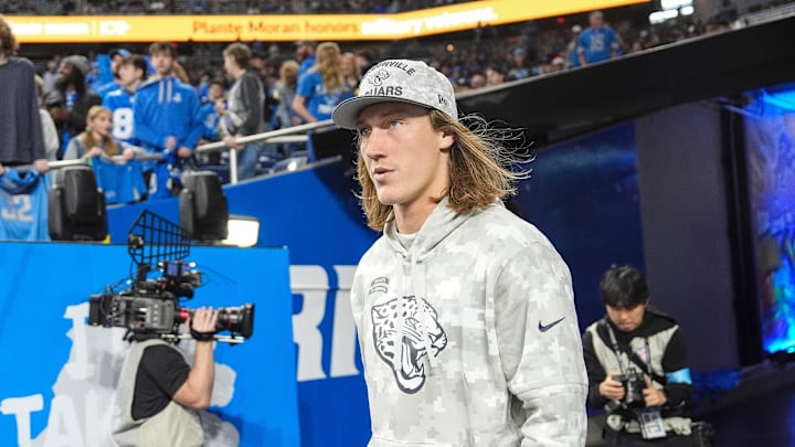 Jacksonville Jaguars quarterback Trevor Lawrence (16) takes the field for warm up before the game between Detroit Lions and Jacksonville Jaguars at Ford Field in Detroit on Sunday, Nov. 17, 2024. Jacksonville Jaguars quarterback Trevor Lawrence (16) takes the field for warm up before the game between Detroit Lions and Jacksonville Jaguars at Ford Field in Detroit on Sunday, Nov. 17, 2024.