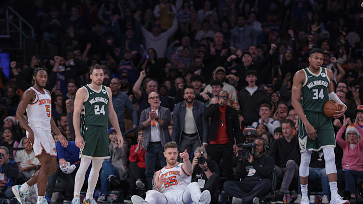 Dec 25, 2023; New York, New York, USA; New York Knicks center Isaiah Hartenstein (55) reacts after a basket as Milwaukee Bucks guard Pat Connaughton (24) and forward Giannis Antetokounmpo (34) look up during the second half at Madison Square Garden. Mandatory Credit: Vincent Carchietta-Imagn Images Dec 25, 2023; New York, New York, USA; New York Knicks center Isaiah Hartenstein (55) reacts after a basket as Milwaukee Bucks guard Pat Connaughton (24) and forward Giannis Antetokounmpo (34) look up during the second half at Madison Square Garden. Mandatory Credit: Vincent Carchietta-Imagn Images