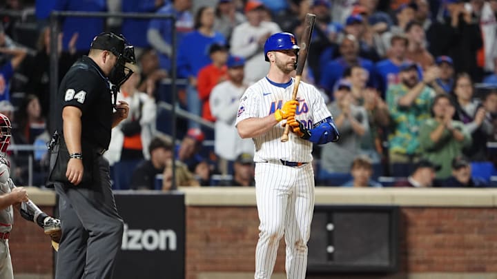 Sep 22, 2024; New York City, New York, USA;  New York Mets first baseman Pete Alonso (20) at bat during the eighth inning against the Philadelphia Phillies at Citi Field.