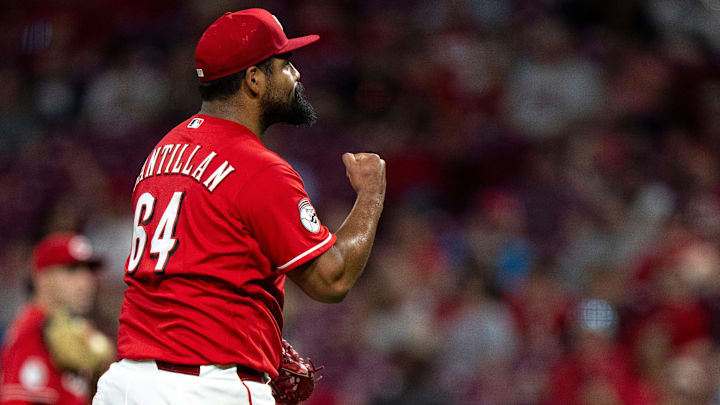 Cincinnati Reds pitcher Tony Santillan (64) reacts at the end of the eighth inning between the Cincinnati Reds and the San Francisco Giants at Great American Ball in Cincinnati on Tuesday, April 14, 2026.