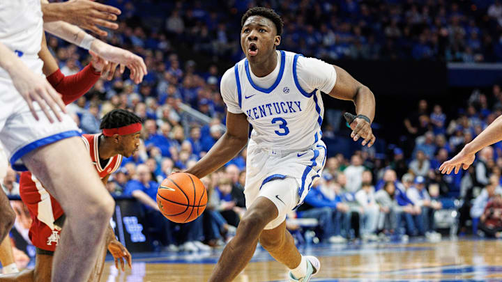 Mar 2, 2024; Lexington, Kentucky, USA; Kentucky Wildcats' Adou Thiero (3) drives to the basket.