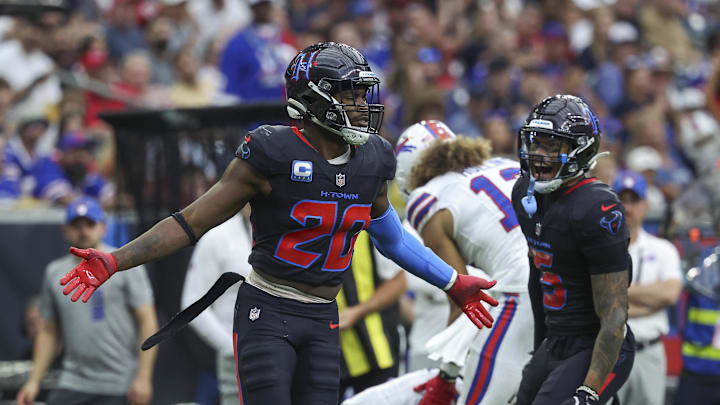 Oct 6, 2024; Houston, Texas, USA; Houston Texans safety Jimmie Ward (20) reacts after making a tackle during the second quarter against the Buffalo Bills at NRG Stadium. Mandatory Credit: Troy Taormina-Imagn Images Oct 6, 2024; Houston, Texas, USA; Houston Texans safety Jimmie Ward (20) reacts after making a tackle during the second quarter against the Buffalo Bills at NRG Stadium. Mandatory Credit: Troy Taormina-Imagn Images