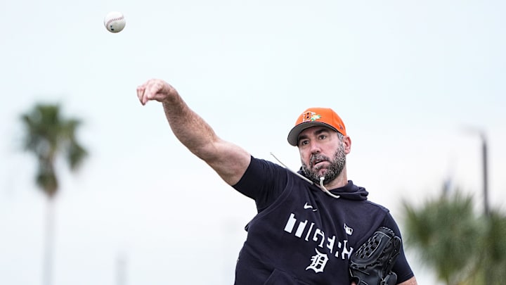 Detroit Tigers pitcher Justin Verlander practices during spring training at TigerTown in Lakeland, Fla. on Wednesday, Feb. 11, 2026. Detroit Tigers pitcher Justin Verlander practices during spring training at TigerTown in Lakeland, Fla. on Wednesday, Feb. 11, 2026.