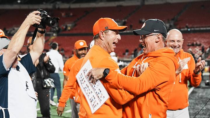 Clemson Tigers head coach Dabo Swinney, left, celebrates the Tigers' 20-19 win over host Louisville with Tom Allen, defensive coordinator, after the game at L&N Stadium in Louisville, Kentucky Friday, Nov. 14, 2025. Clemson Tigers head coach Dabo Swinney, left, celebrates the Tigers' 20-19 win over host Louisville with Tom Allen, defensive coordinator, after the game at L&N Stadium in Louisville, Kentucky Friday, Nov. 14, 2025.