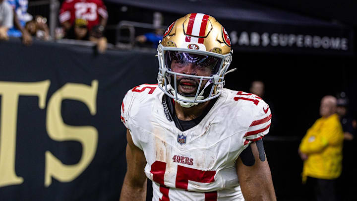 Sep 14, 2025; New Orleans, Louisiana, USA;  San Francisco 49ers wide receiver Jauan Jennings (15) reacts to scoring a touchdown against the New Orleans Saints during the second half at Caesars Superdome. Mandatory Credit: Stephen Lew-Imagn Images