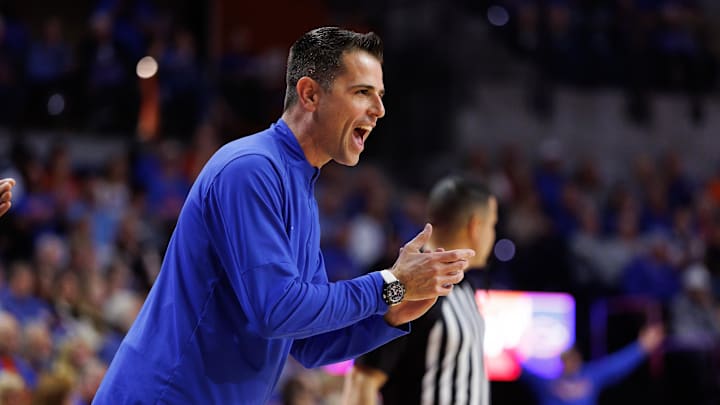 Feb 18, 2025; Gainesville, Florida, USA; Florida Gators head coach Todd Golden claps against the Oklahoma Sooners during the first half at Exactech Arena at the Stephen C. O'Connell Center. Mandatory Credit: Matt Pendleton-Imagn Images