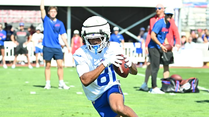 Jul 23, 2025; Rochester, NY, USA; Buffalo Bills wide receiver Kaden Prather (81) catches a pass during training camp at St. John Fisher University. Mandatory Credit: Mark Konezny-Imagn Images