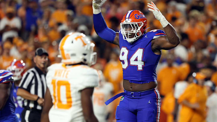 Florida Gators defensive lineman Tyreak Sapp (94) celebrates against the Tennessee Volunteers  during the second quarter at Ben Hill Griffin Stadium.