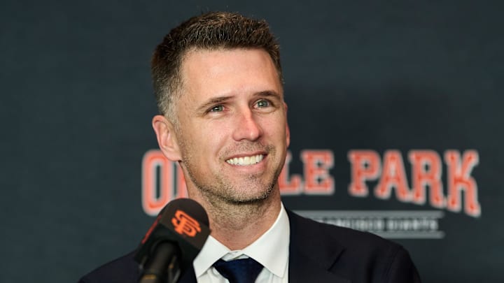 Dec 12, 2024; San Francisco, CA, USA; San Francisco Giants president of baseball operations Buster Posey speaks during the introductory press conference for shortstop Willy Adames (not pictured) at Oracle Park. Dec 12, 2024; San Francisco, CA, USA; San Francisco Giants president of baseball operations Buster Posey speaks during the introductory press conference for shortstop Willy Adames (not pictured) at Oracle Park.