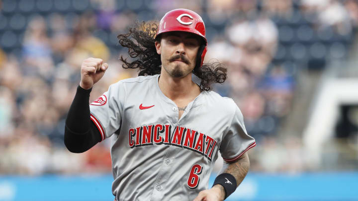 Jun 18, 2024; Pittsburgh, Pennsylvania, USA; Cincinnati Reds second baseman Jonathan India (6) gestures as he comes around to score on a two run home run by third baseman Santiago Espinal (not pictured) against the Pittsburgh Pirates during the fifth inning at PNC Park. Mandatory Credit: Charles LeClaire-USA TODAY Sports Jun 18, 2024; Pittsburgh, Pennsylvania, USA; Cincinnati Reds second baseman Jonathan India (6) gestures as he comes around to score on a two run home run by third baseman Santiago Espinal (not pictured) against the Pittsburgh Pirates during the fifth inning at PNC Park. Mandatory Credit: Charles LeClaire-USA TODAY Sports