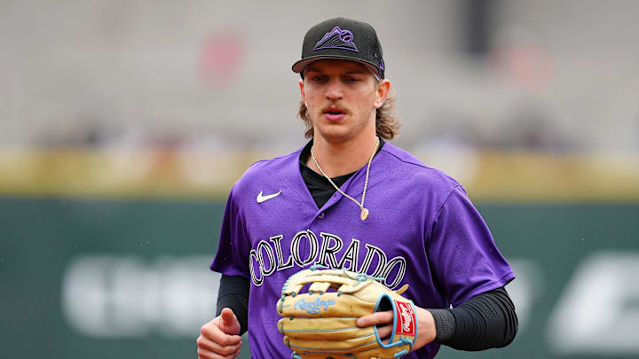 Summerlin, Nevada, USA; Colorado Rockies right fielder Zac Veen (73) returns to the dugout in a game against the Kansas City Royals at the end of the third inning at Las Vegas Ballpark.