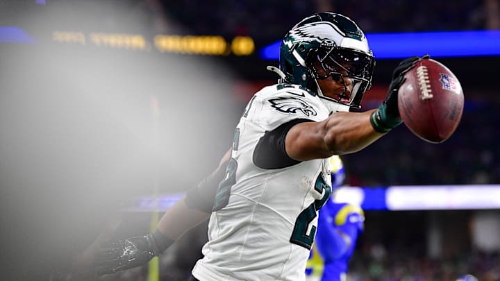 Philadelphia Eagles running back Saquon Barkley (26) reacts after getting first down against the Los Angeles Rams during the second half at SoFi Stadium.