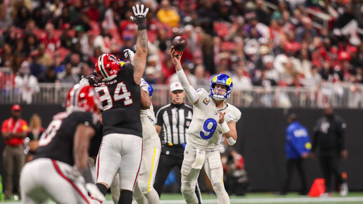 Matthew Stafford threw three picks in the loss to the Falcons. Matthew Stafford threw three picks in the loss to the Falcons.