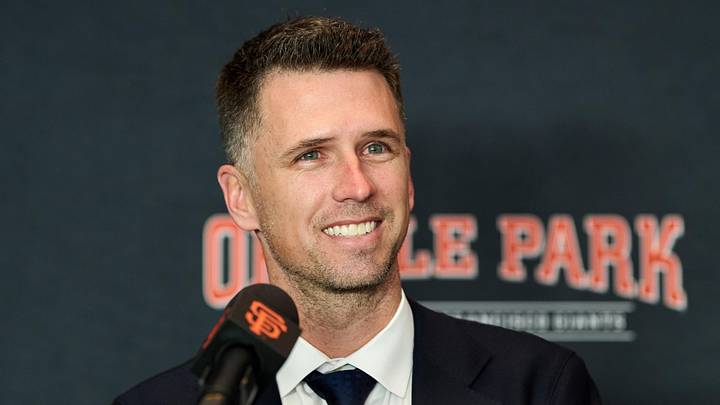 Dec 12, 2024; San Francisco, CA, USA; San Francisco Giants president of baseball operations Buster Posey speaks during the introductory press conference for shortstop Willy Adames (not pictured) at Oracle Park.  Mandatory Credit: Robert Edwards-Imagn Images