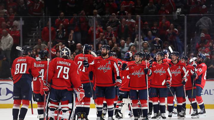 Oct 24, 2026; Washington, District of Columbia, USA; Washington Capitals players celebrate after their game against the Buffalo Sabres at Capital One Arena. Mandatory Credit: Geoff Burke-Imagn Images Oct 24, 2026; Washington, District of Columbia, USA; Washington Capitals players celebrate after their game against the Buffalo Sabres at Capital One Arena. Mandatory Credit: Geoff Burke-Imagn Images
