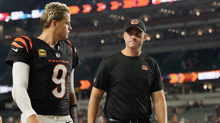 Cincinnati Bengals quarterback Joe Burrow and coach Zac Taylor walk off the field following a loss to the Washington Commanders on Sept. 23, 2024. Cincinnati Bengals quarterback Joe Burrow and coach Zac Taylor walk off the field following a loss to the Washington Commanders on Sept. 23, 2024.
