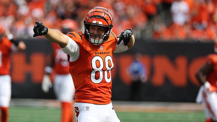 Sep 13, 2026; Cincinnati, Ohio, USA;  Cincinnati Bengals tight end Mike Gesicki (88) makes a catch at the end of the third quarter at Paycor Stadium.  Mandatory Credit: Joseph Maiorana-Imagn Images