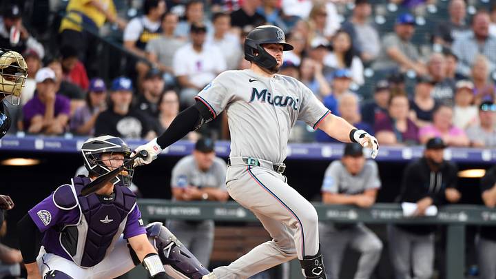 Miami Marlins catcher Liam Hicks singles Miami Marlins catcher Liam Hicks singles