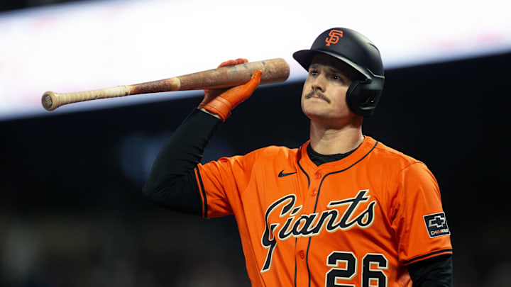 Apr 25, 2025; San Francisco, California, USA; San Francisco Giants third baseman Matt Chapman (26) reacts after striking out to end the sixth inning against the Texas Rangers at Oracle Park. Mandatory Credit: D. Ross Cameron-Imagn Images